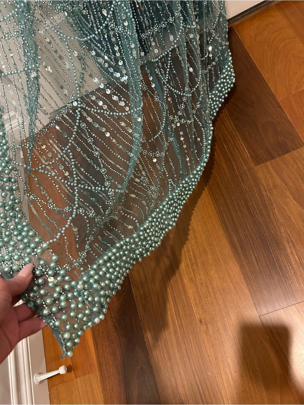 Beaded Evening Dress with Long Beaded Cape in Teal-Blue - Picture 8 of 10